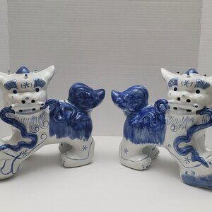Foo Dogs, Chinese Guardian Lions, Blue And White, Porcelain, Vintage, Pair, Figu